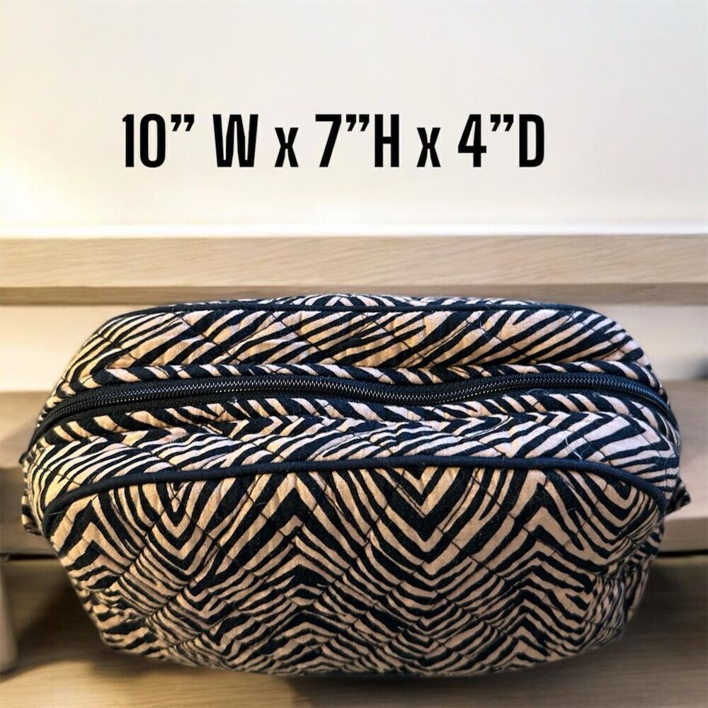 Vera Bradley Zebra Pattern Quilted Cosmetic Bag Clutch Black Tan Zipper Top - Picture 5 of 9